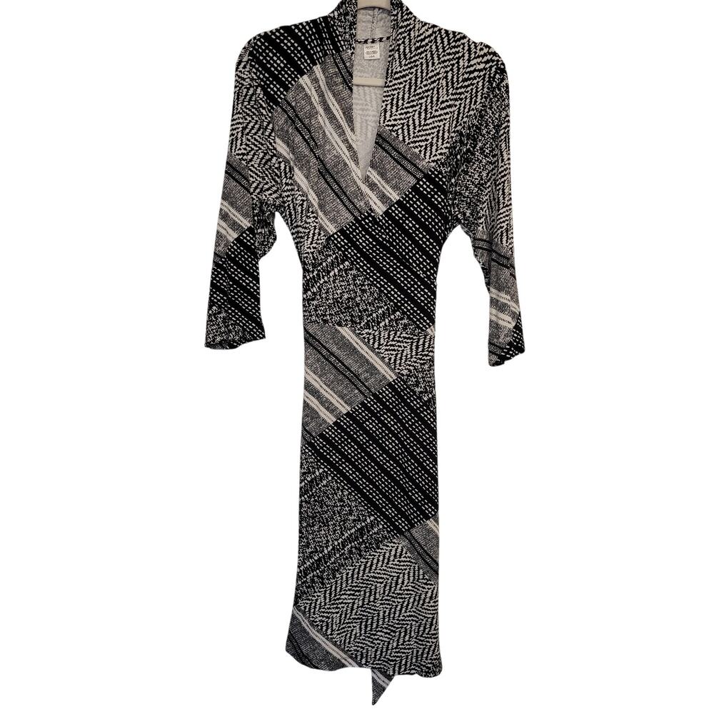 Jockey Black White Geometric Faux Wrap Dress Long Sleeve Retro Minimalist LG